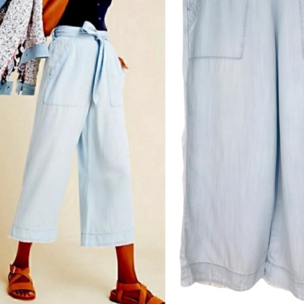 Anthropologie Chambray crop, belted wide-leg pant